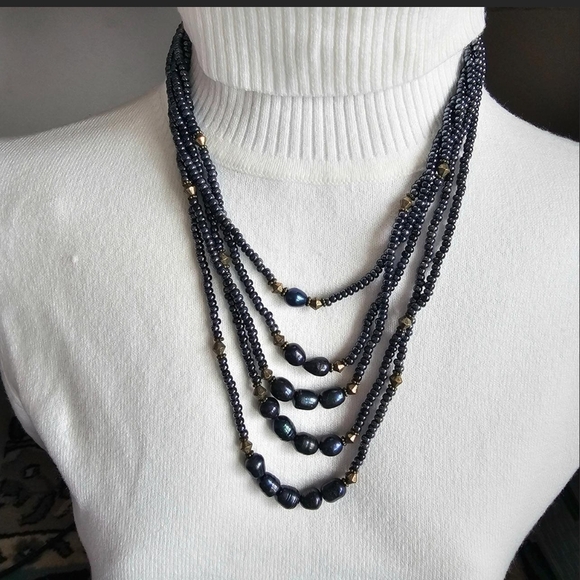 Chico's Hematite Glass & Baroque Pearl Multi-Strand Necklace with Brass - Picture 1 of 7